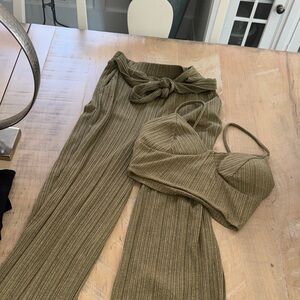 Ribbed Knit Two-Piece Set in Olive Green